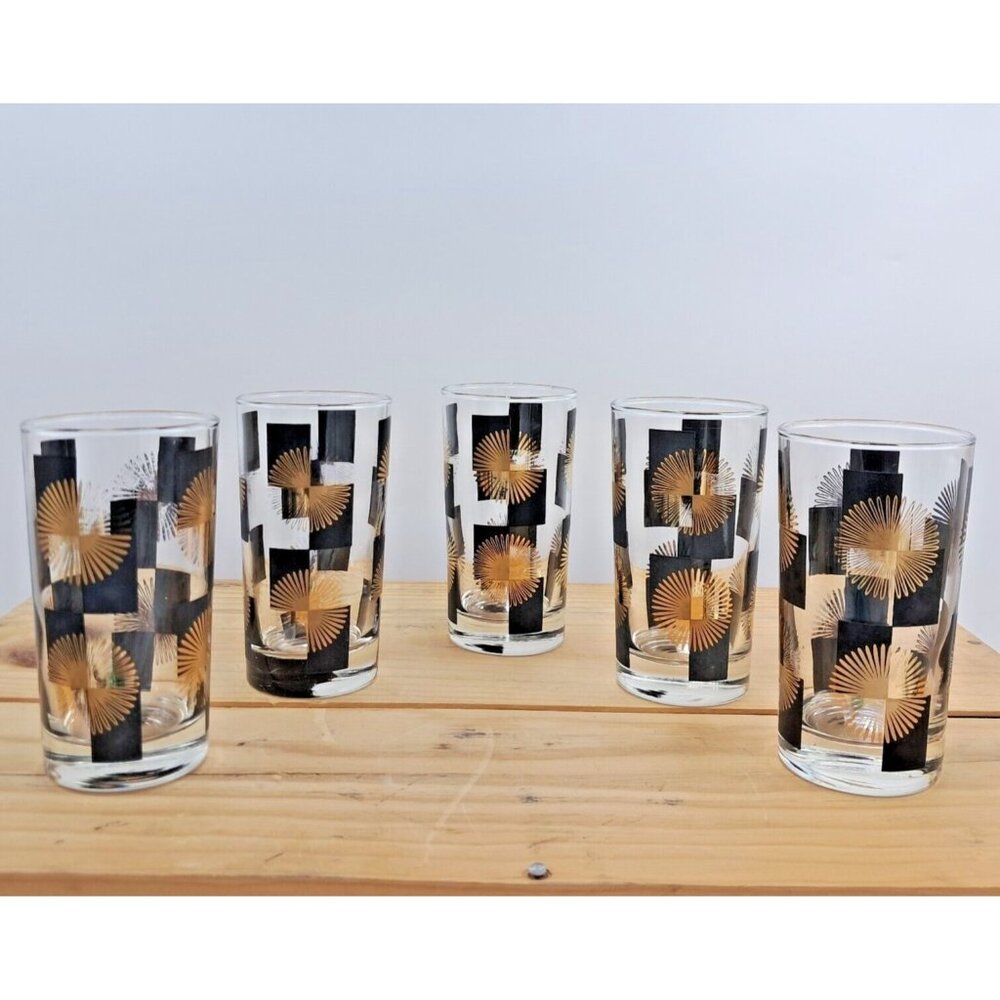 Vintage Dominion Glass Starburst Highball Set of 5 MCM Black Gold Atomic Canada